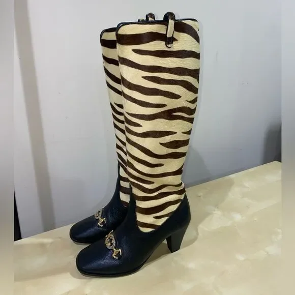 Gucci Zumi Tiger Print Calf Hair Interlocking G Horsebit Knee High Riding Boots - Picture 1 of 10